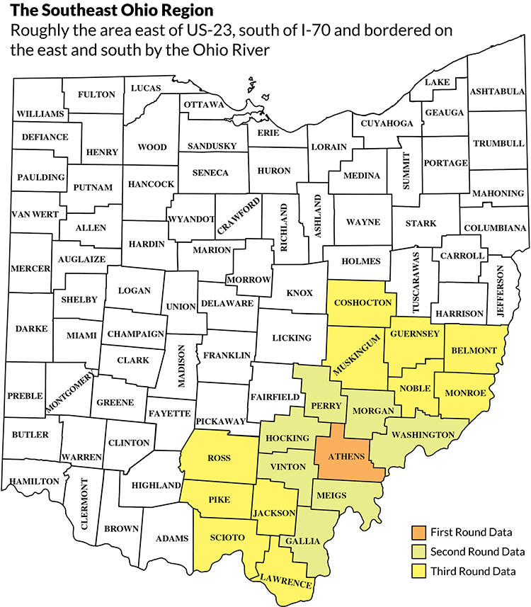 Map of Ohio with Southeast Ohio Highlighted to identify three sub regions targeted for the Wool Inventory Project